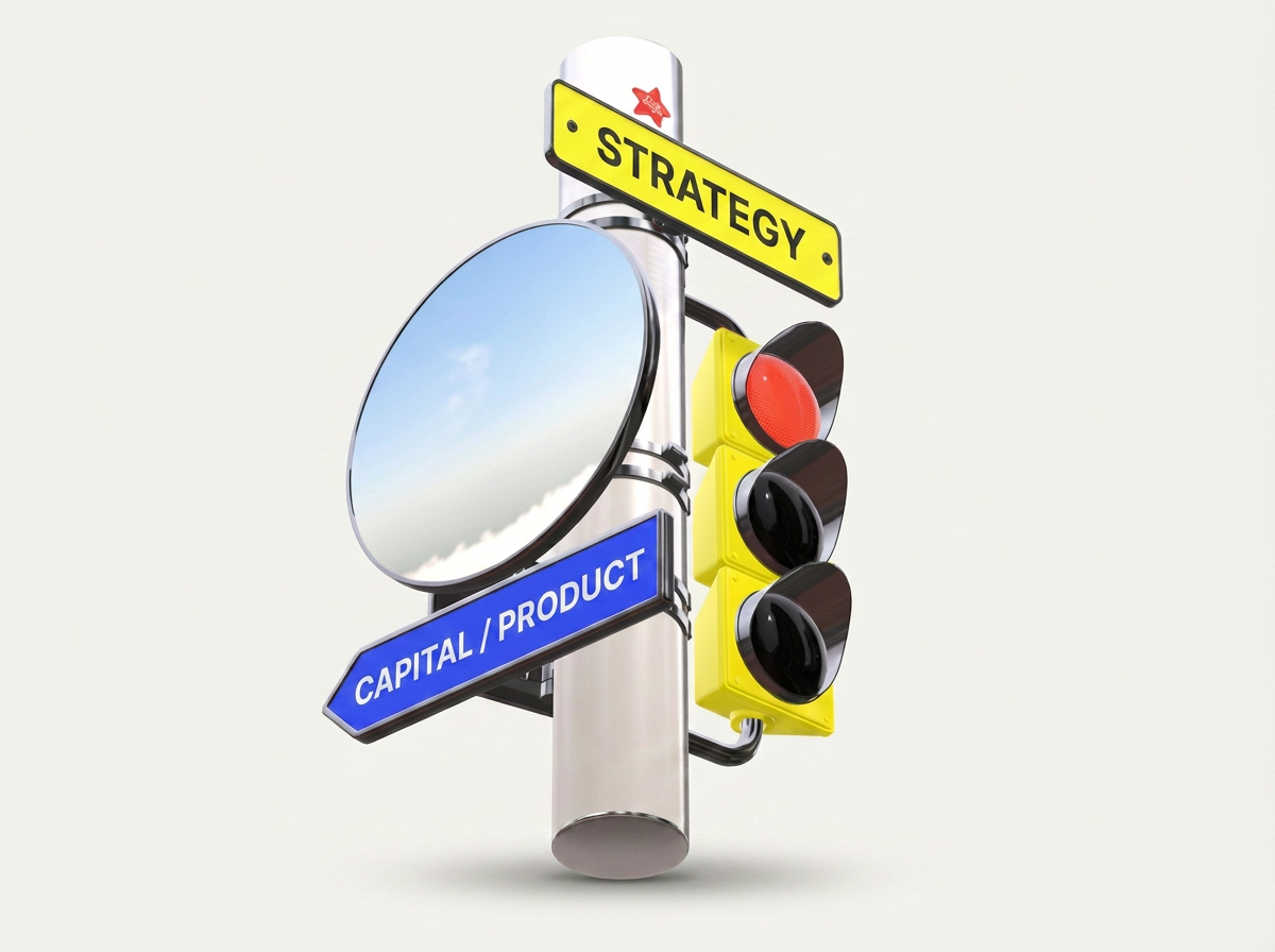 Layered signposts pointing in multiple directions — a visual metaphor for D11's role at company inflection points.